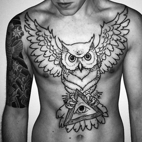 Black Outline Men’s Chest Owl And Illuminati Tattoo