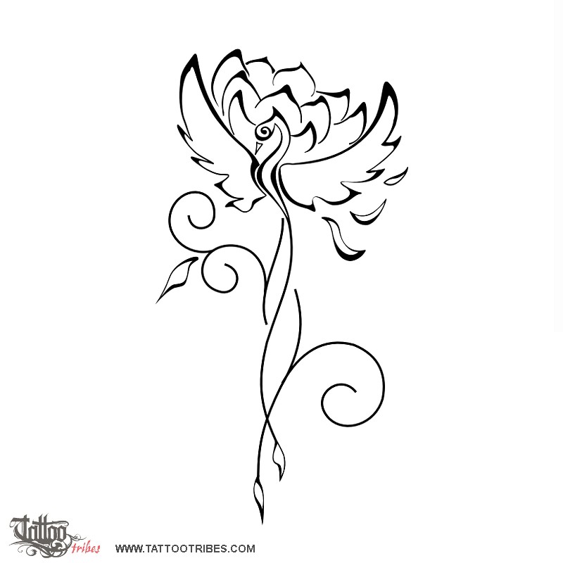 Black Outline Phoenix & Lotus Tattoo Design