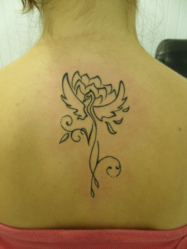 Black Outline Phoenix & Lotus Tattoo On Upper Back For Girls