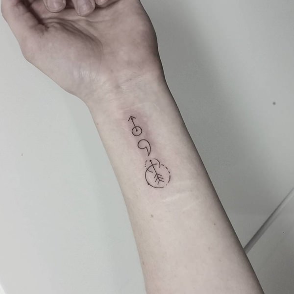 Black Outline Semicolon & Arrow Tattoo On Wrist