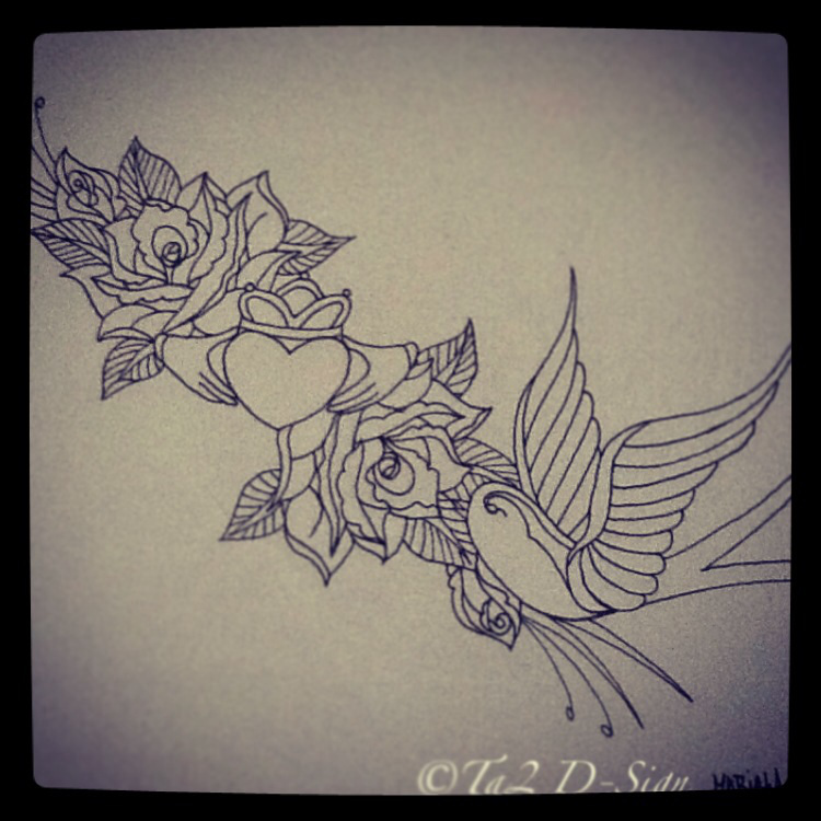 Black Outline Swallow, Claddagh and Roses Tattoo Design