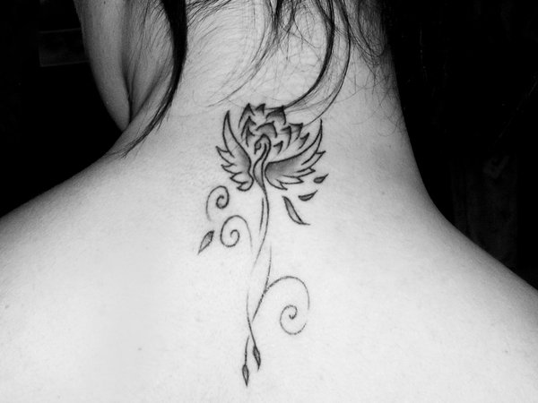 Black Outline With Grey Shaded Phoenix & Lotus Tattoo On Girl Upper Back