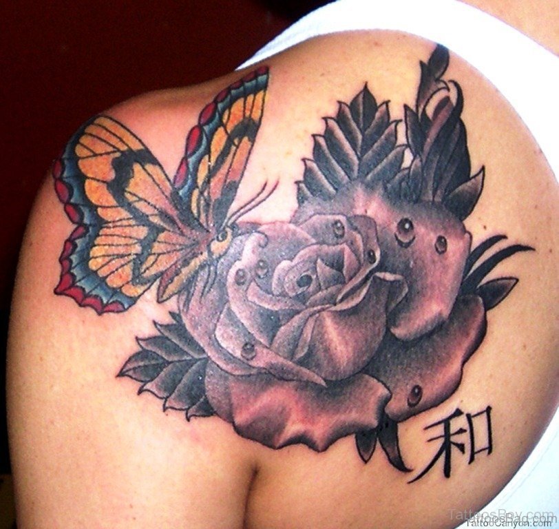Black Rose With Colorful Butterfly Tattoo On Back Shoulder