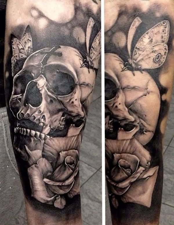 Black & White 3D Skull With Rose & Butterfly Tattoo