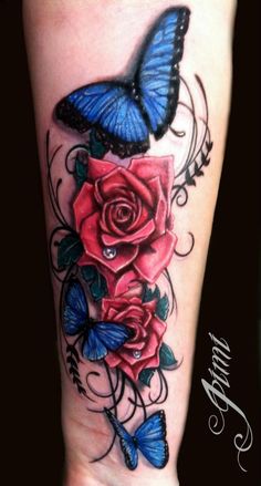 Blue Butterflies With Red Roses Tattoo On Forearm For Girls