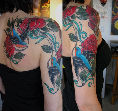 Colored Blue Swallows & Red Roses Tattoo On Girl Shoulder, Back & Half Sleeve