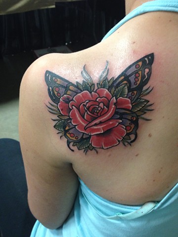 Colored Butterfly Rose Tattoo On Girl Back Shoulder