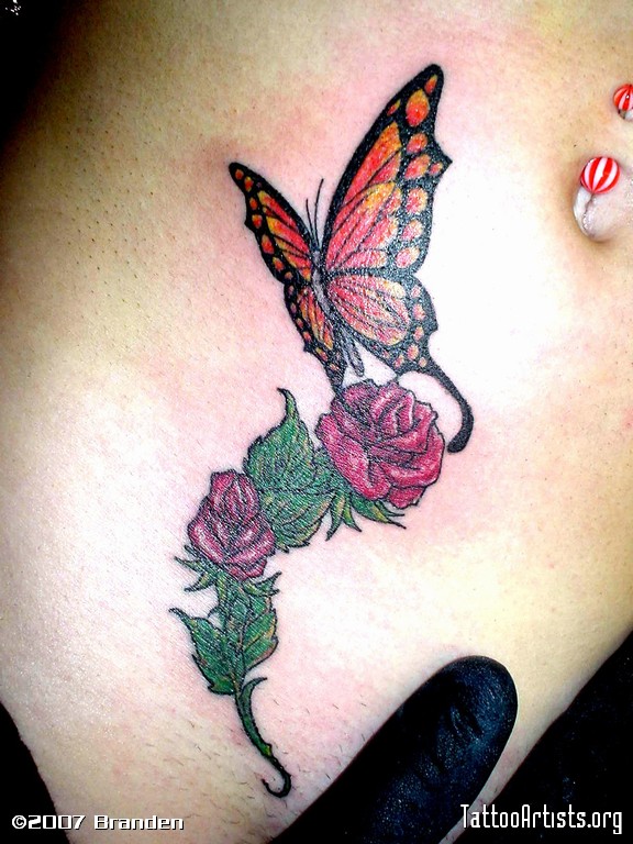 Colored Red Roses With Butterfly Tattoo Design By Branden