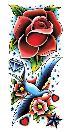 Colored Rose And Swallow Sleeve Tattoo Design
