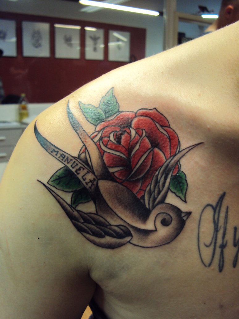 Colored Rose and Swallow Tattoo On Shoulder by crowcnil