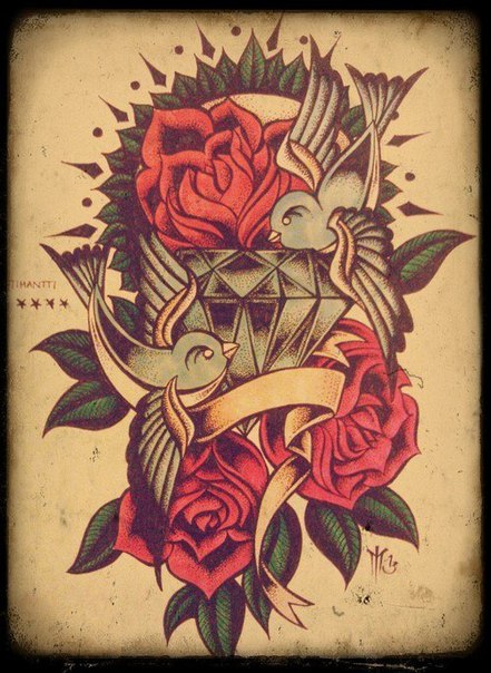 Colored Swallows With Red Roses and Diamond Tattoo Design