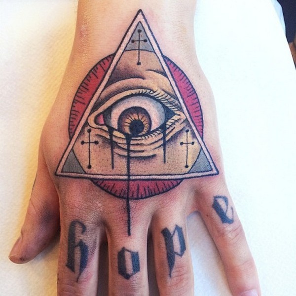 Colorful Illuminati Hand Tattoo With Cross Symbols