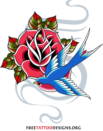 Colorful Red Rose With Blue Swallow Tattoo Design