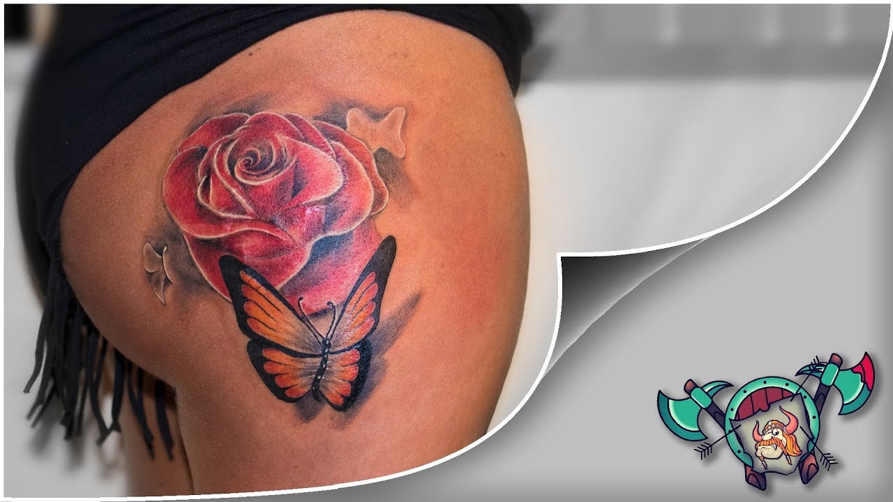Colorful Rose & Butterfly Tattoo On Thigh