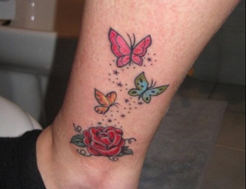 Cute Small Red Rose & Colorful Butterflies Tattoo On Ankle