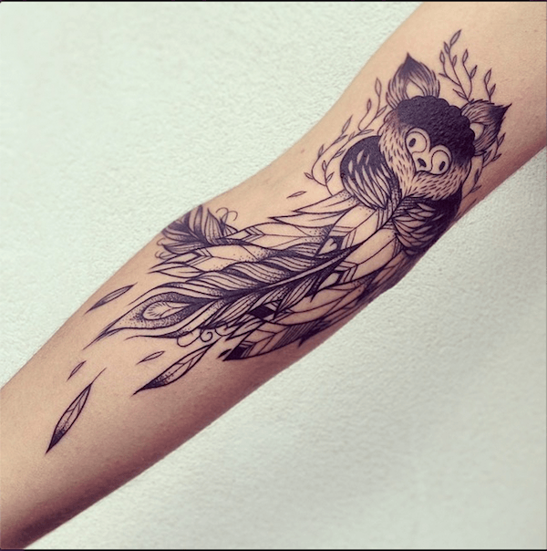 Cute Black Ink Owl And Feather Tattoo On Inner Sleeve