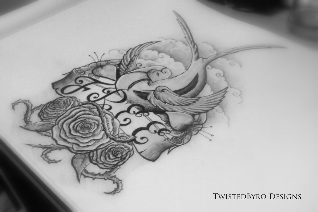 Delicate Grey Ink Swallow & Rose Tattoo Design by TwistedByro on DeviantArt