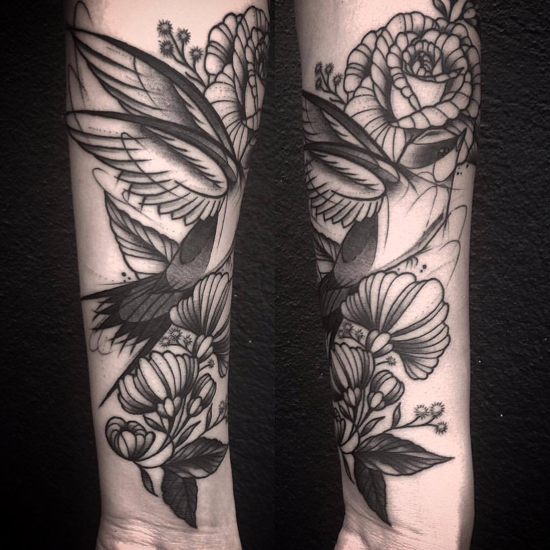Fabulous Black Ink Swallow And Rose Tattoo On Forearm