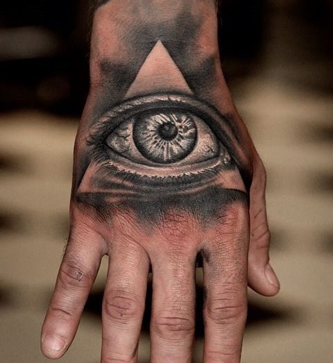 Fantastic Grey Shaded Illuminati Hand Tattoo For Men