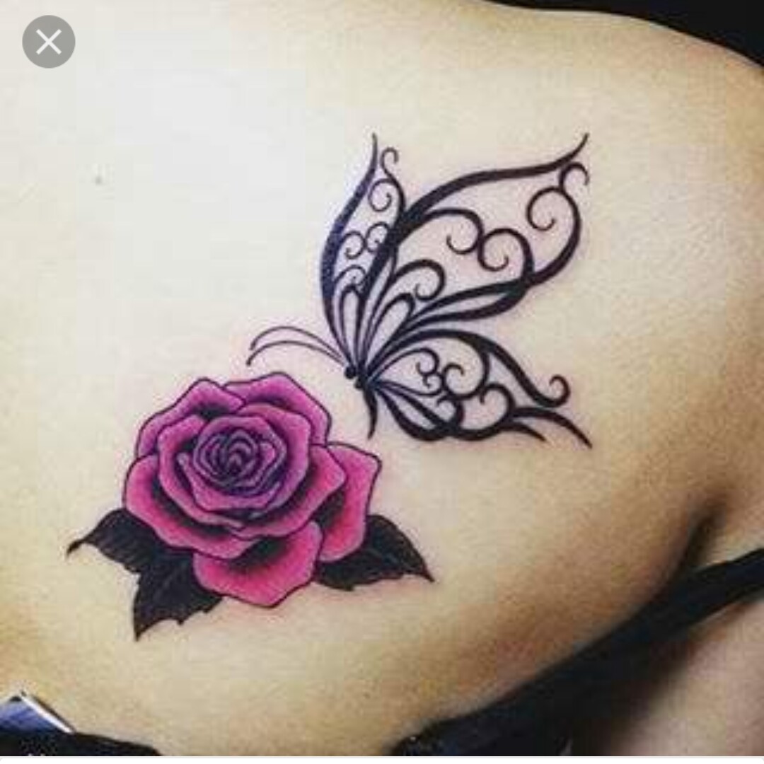 Gorgeous Pink Rose With Thick Black Outline Butterfly Tattoo On Back Shoulder For Girls