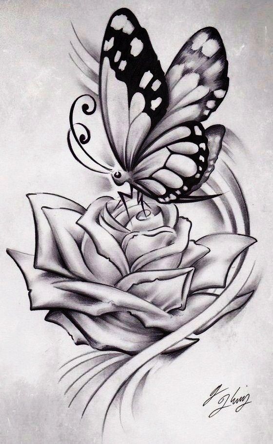 Grey & Black Ink Butterfly & Rose Tattoo Sketch