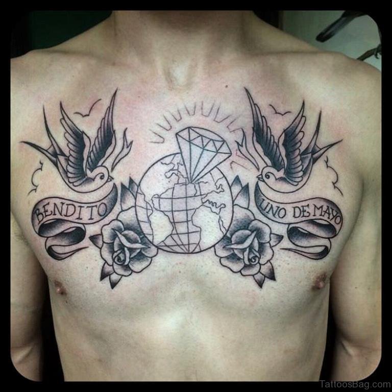 Grey Black Roses, Swallow and Globe Tattoo On Male Chest