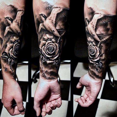 Grey Ink 3D Realistic Rose & Swallow Tattoo On Forearm For Men