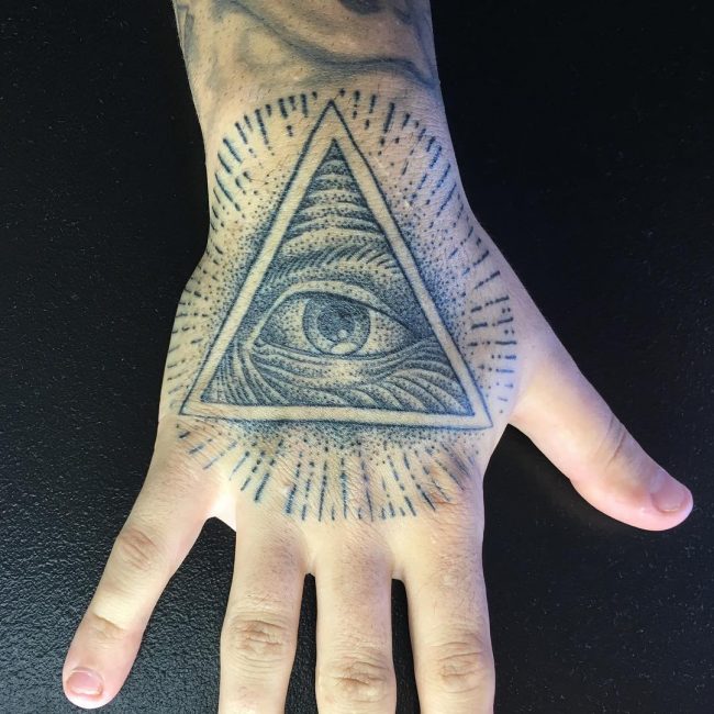 Grey Ink Glowing Illuminati Hand Tattoo For Men