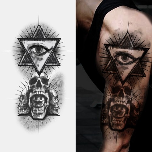 Grey Ink Illuminati Eye & Skulls Tattoo Design For Sleeve by ik105