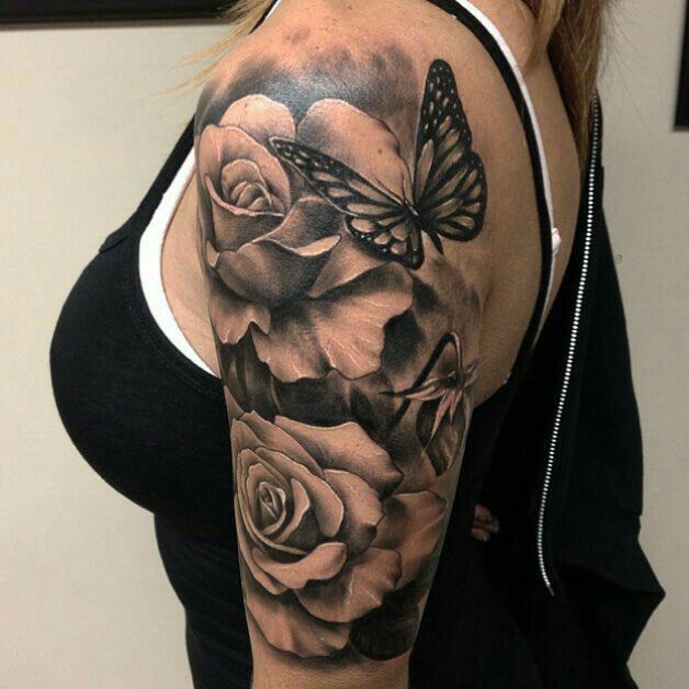 Grey Ink Large Petal Roses With A Butterfly Tattoo On Half Sleeve For Girls