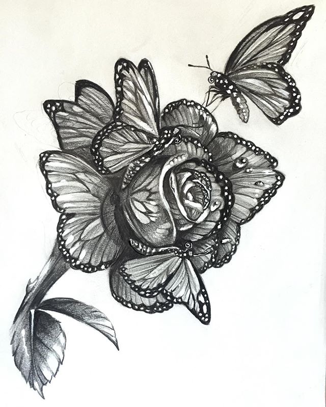 Grey Ink Realistic Rose & Butterfly Tattoo Design