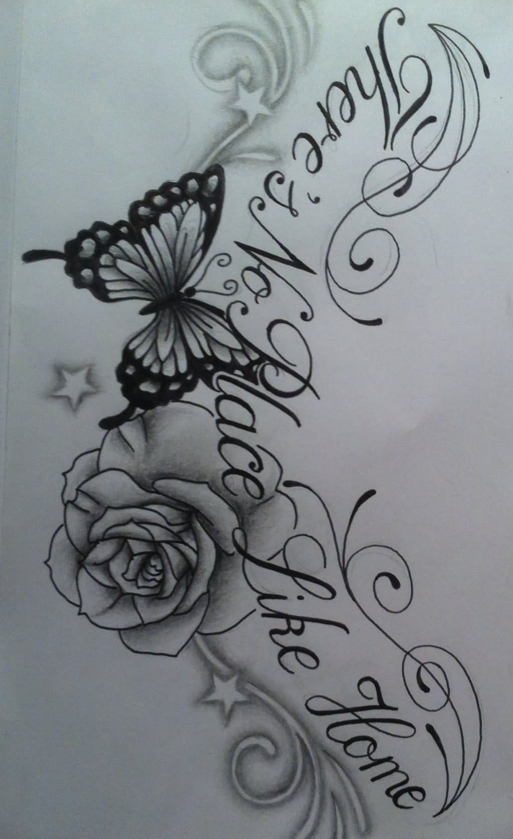 Grey Ink Rose Flower and Butterfly Tattoo Design by Tattoosuzette
