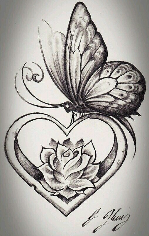 Grey Ink Rose In Heart And Butterfly Tattoo Design