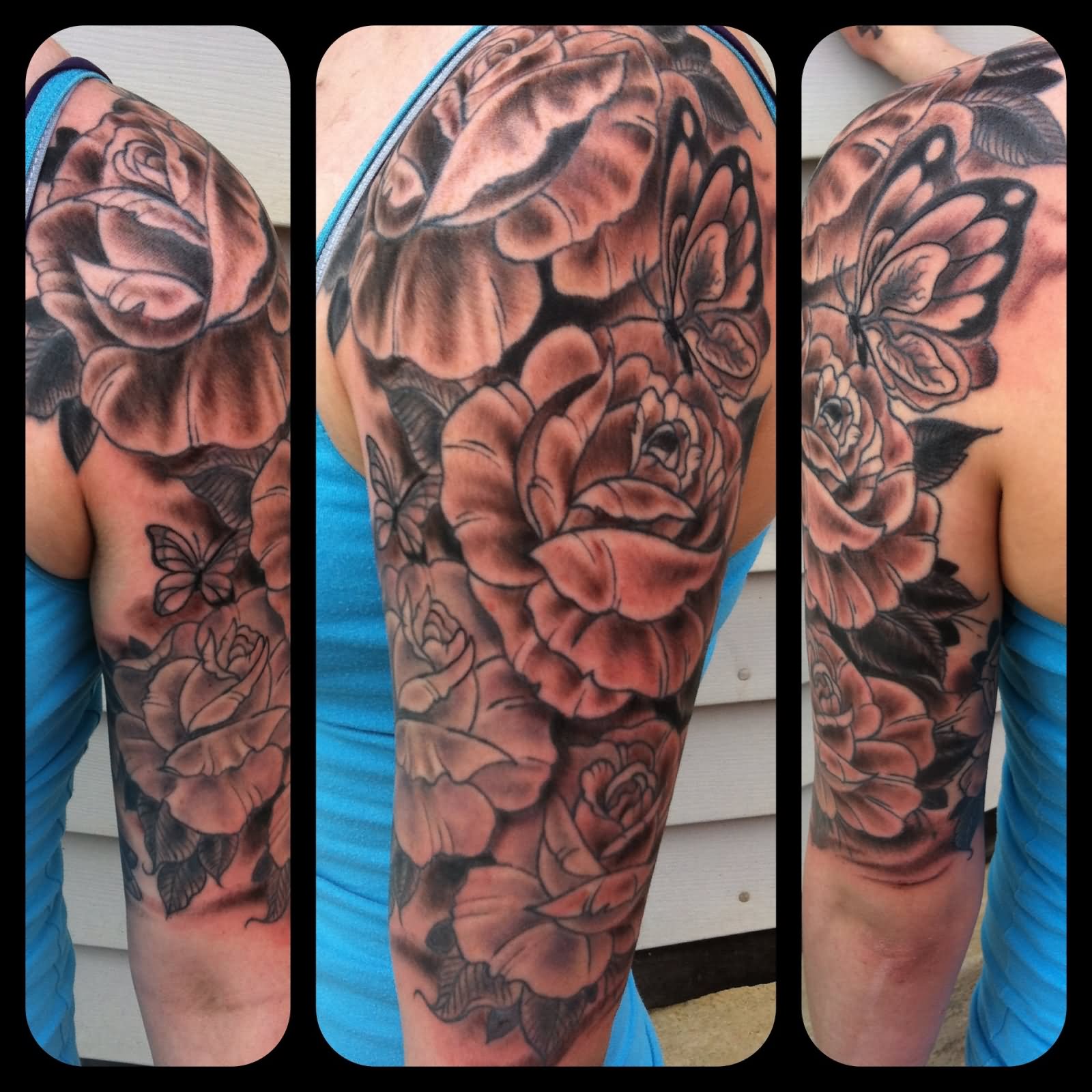 Grey Ink Roses & Butterflies Tattoo On Sleeve