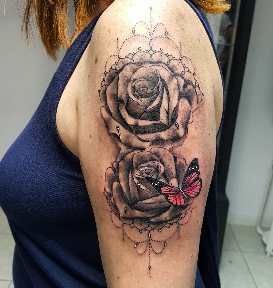 Grey Rose Flowers With Red Butterfly Tattoo On Left Half Sleeve by David Torres