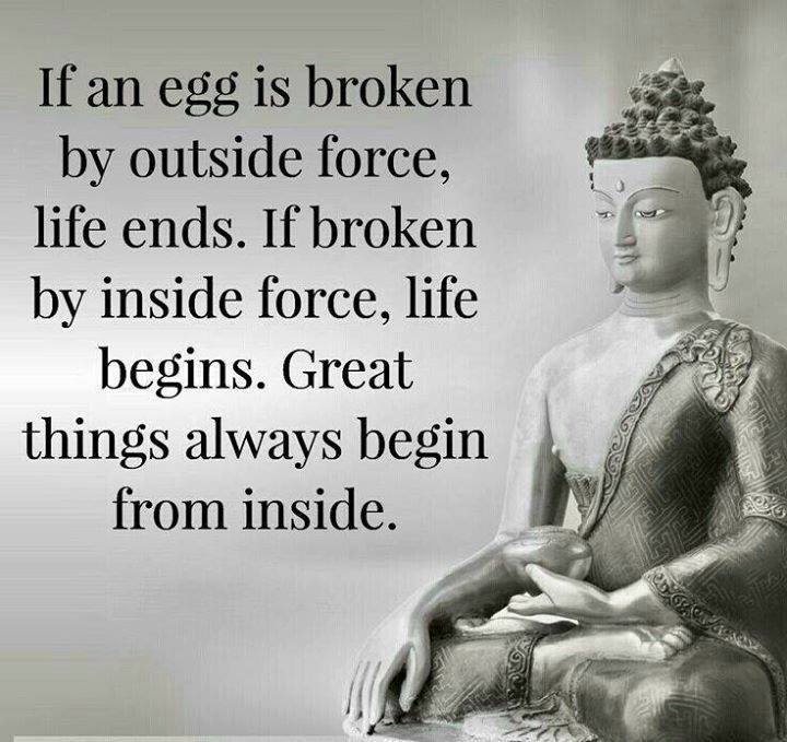 If an egg is broken by an outside force, life ends. If broken by an inside force, life begins. Great things always begin from the inside.