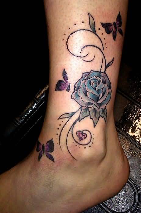 Lovely Blue Rose And Purple Butterfly Ankle Tattoo For Women