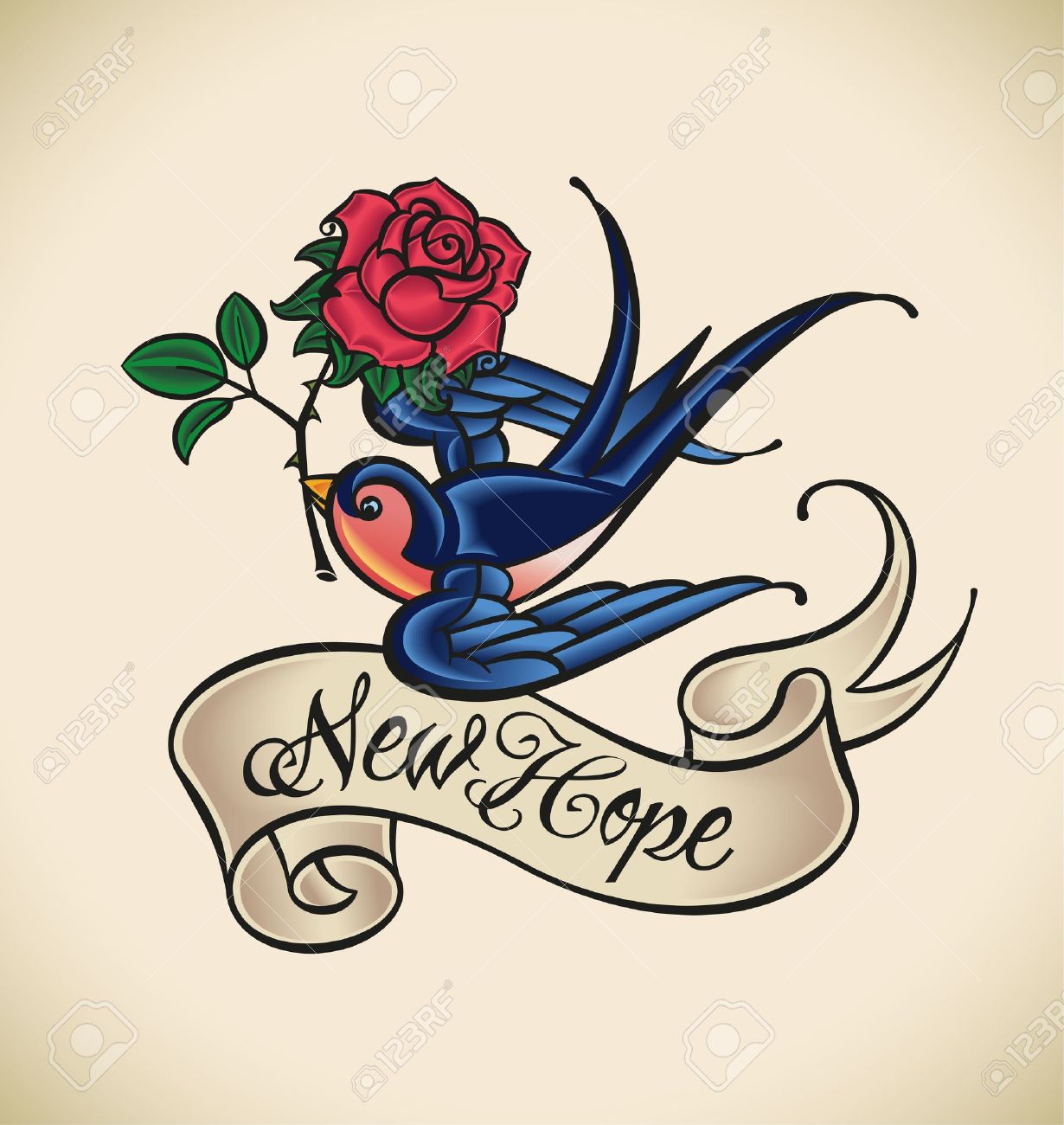 Old-School Styled Swallow With Banner ‘New Hope’ and Rose Tattoo Design