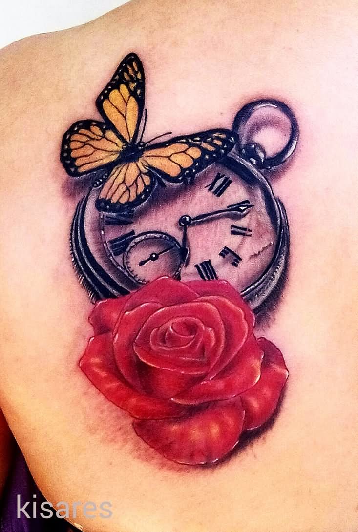 Realistic Colored Butterfly, Clock and Red Rose Tattoo On Back Shoulder by kimestanil