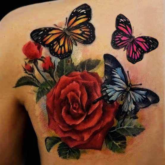 Realistic Colored Roses Butterflies Tattoo On Back Shoulder