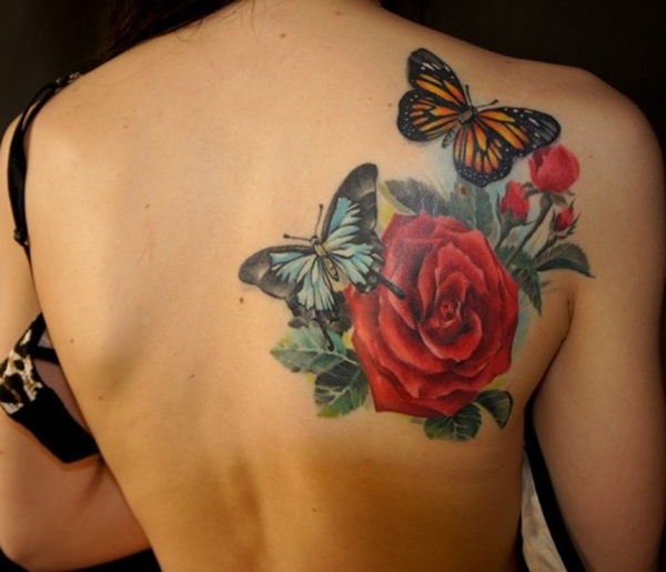 Realistic Red Rose With Colorful Butterflies Tattoo On Girl Side Back