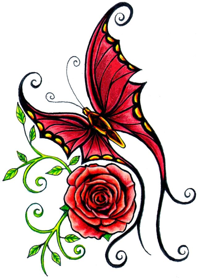 Red Butterfly and Rose Composition Tattoo Design