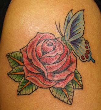 Simple Red Rose With Blue Butterfly Tattoo Design