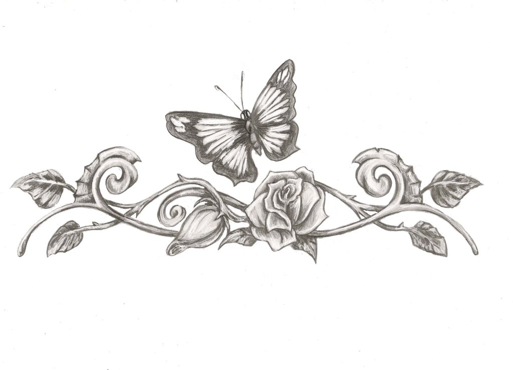 Stunning Grey Ink Rose Band With Butterfly Tattoo Design By saramira On DeviantArt
