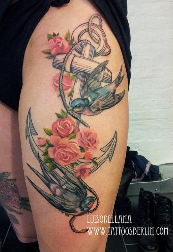 Swallow, Red Roses and Anchor Tattoo On Thigh