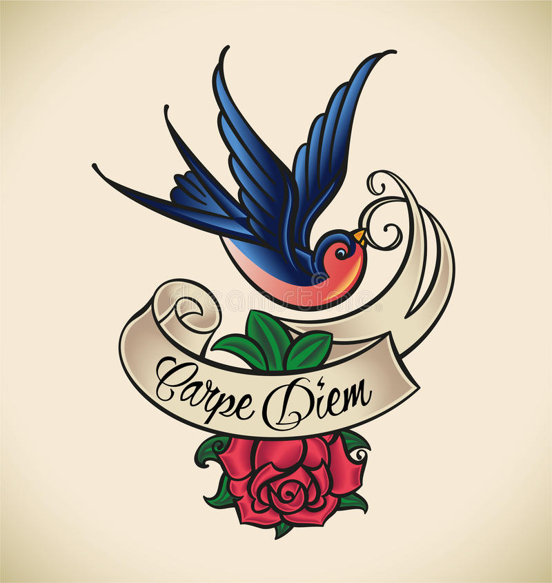 Traditional Blue Swallow With Rose and Carpe Diem Banner Tattoo Design