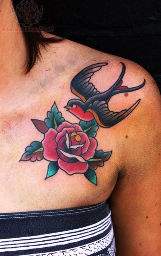 Traditional Colored Red Rose & Swallow Tattoo On Girl Front Shoulder