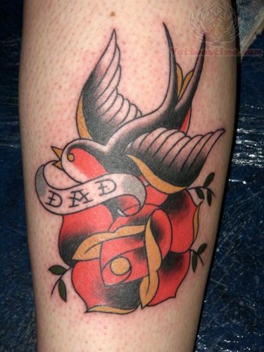 Traditional Colored Rose & Swallow With Dad Ribbon Tattoo On Forearm