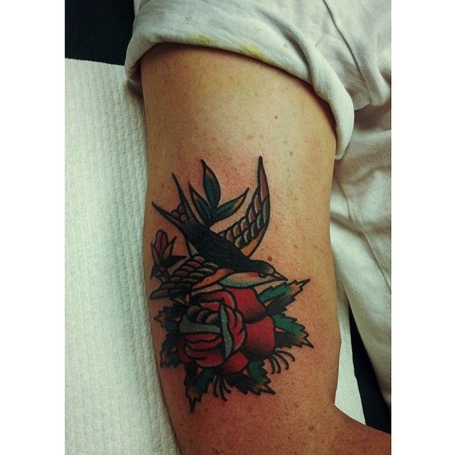 Traditional Colored Swallow and Rose Tattoo On Half Sleeve by Charley Gerardin