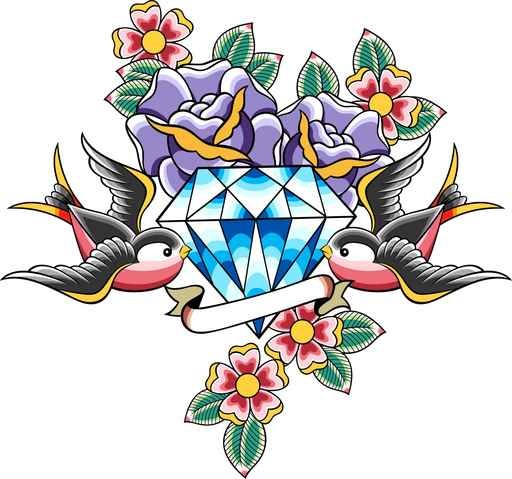 Traditional Swallows With Roses & Diamond Tattoo Design For Chest